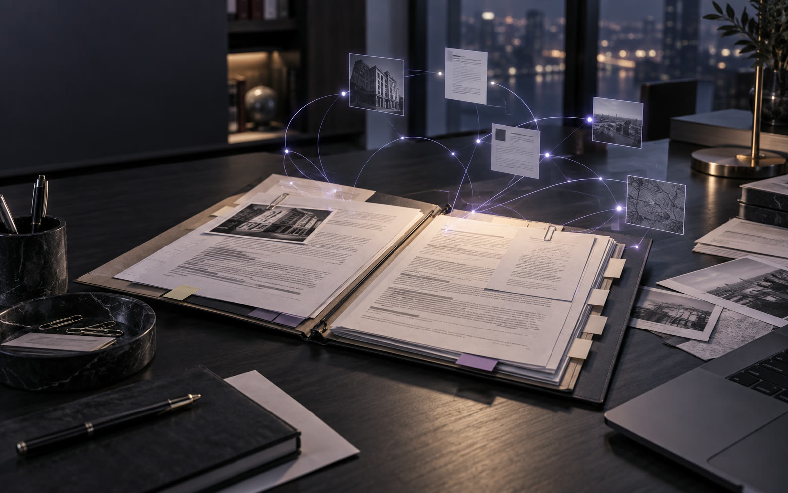 Visual conceptual de un expediente abierto y documentos conectados por trazos luminosos en una mesa de trabajo jurídica.