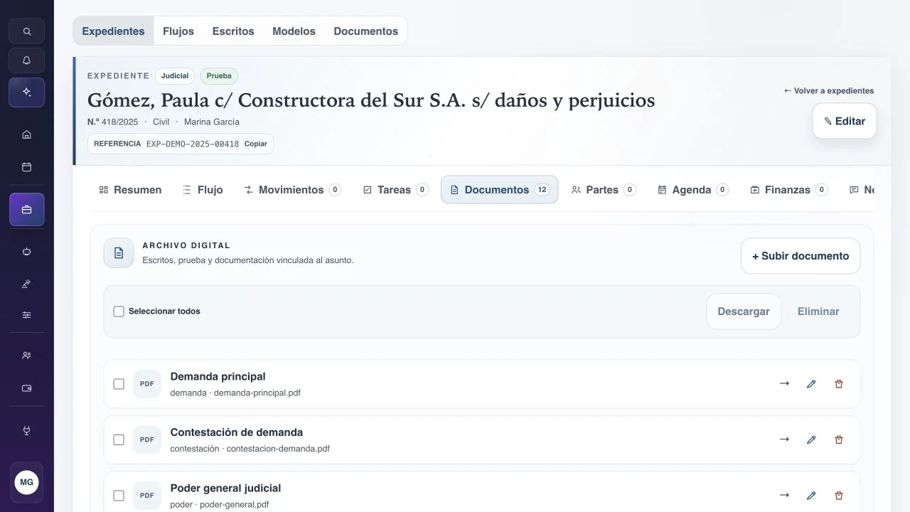Vista real de legand: documentos de un expediente, con clasificación y selección múltiple. Datos de demostración.